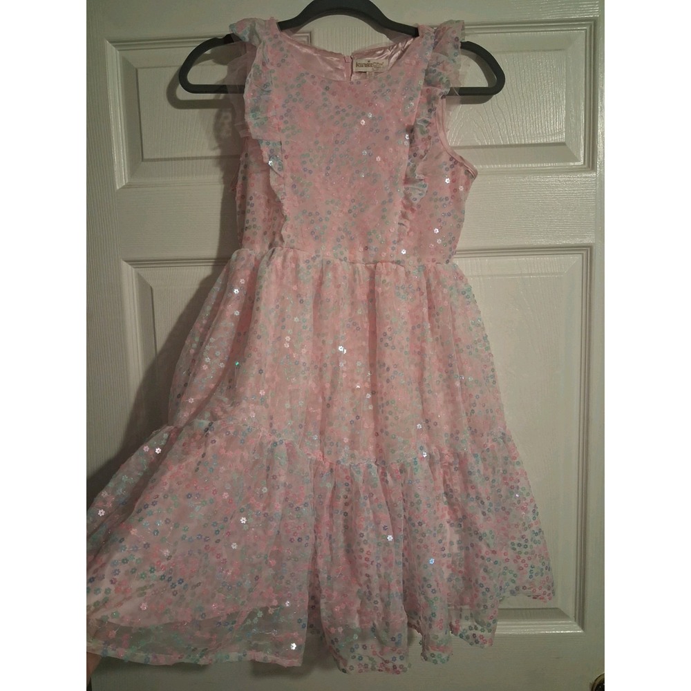 Girls 16 Pink Flower Sequin Tulle Dress Fairy Princess Birthday Party Ruffle